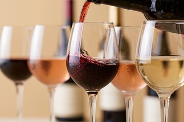 Fototapeta premium The Wine Glasses in Motion: Pouring Red and White Wine in Studio Setting