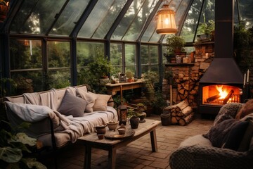 Fototapeta premium Cozy greenhouse interior showcasing a warm. Inviting atmosphere with a lit fireplace. A comfortable sofa. And numerous green plants. Offering a tranquil space for relaxation and connection with nature
