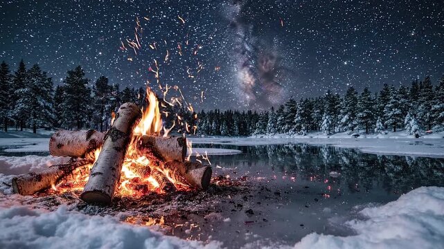 Cozy campfire on ice near a snowy forest under the starry night sky and Milky Way galaxy in winter.