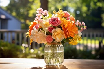 Fototapeta premium Colorful garden bouquet showcasing fresh blossoms arranged in a glass jar, celebrating summer vibrancy, growth, and natural beauty on a rustic outdoor table in warm sunlight