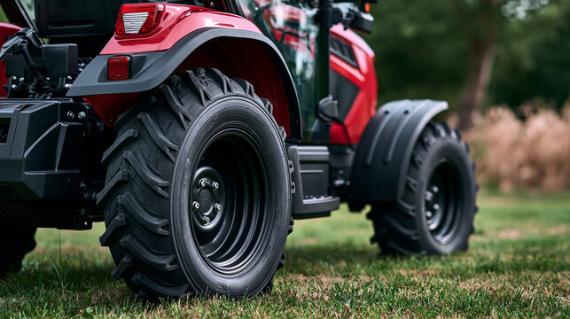 Red tractor standing on green grass with robust agricultural tire tread, representing modern farming equipment, power, and efficiency in a rural landscape