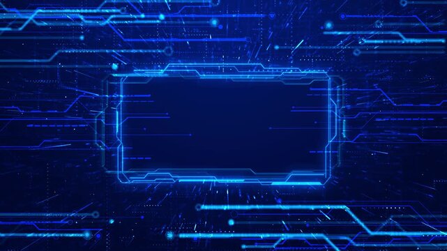 Luminous blue rectangular border rests amid circuit paths, dots, streaks of light. central area provides space for branding typography in electronic interface visuals, tech intros, digital event