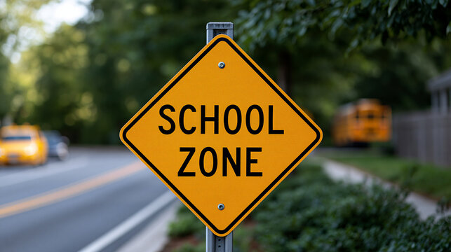 Yellow school zone sign standing on a street, reminding drivers about children's safety and caution in educational areas, with a school bus in the blurred background