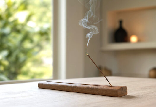 Incense Stick Burning On Wooden Holder Near Window Light