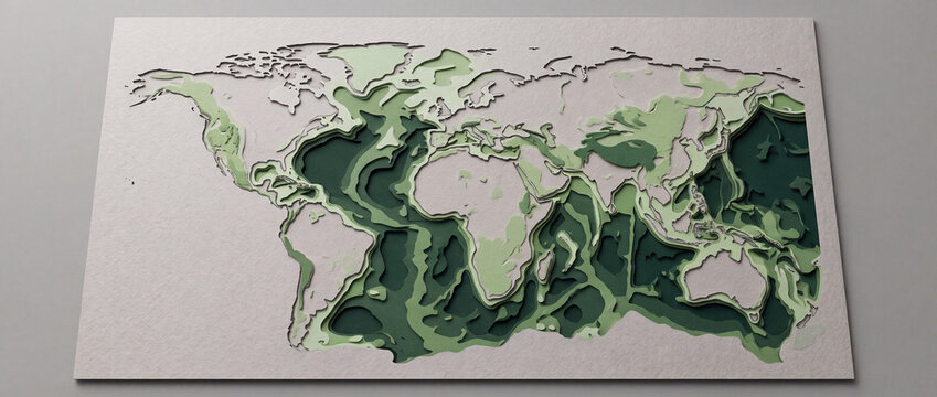 World map with layered papercut relief depicting ocean depths in shades of green, crafted with textured paper sheets and dimensional shadows for geography and travel design concepts