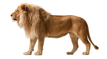 Majestic adult male lion standing in profile with thick golden brown mane © darietta