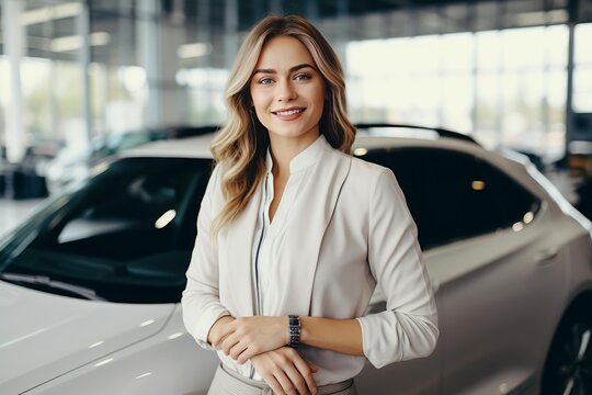 Smiling woman in professional attire standing confidently in a bright modern car dealership showroom with arms crossed, conveying customer service, sales expertise and success