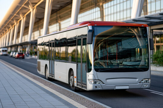 Airport shuttle bus driving on the road, providing passenger transport services near a modern terminal building for convenient travel arrival and departure