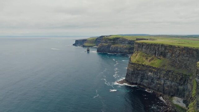 Aerial view Cliffs of Moher Ireland displays rugged Atlantic coastline and dramatic ocean cliffs attracting tourists to one of Europe iconic natural points
