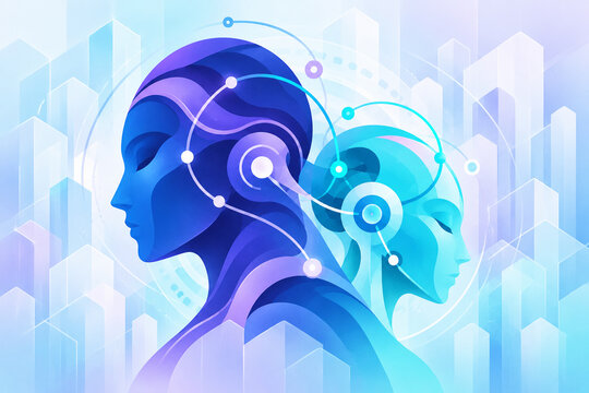 AI generated abstract human profiles connected by glowing digital nodes orbital lines representing artificial intelligence communication collaboration future technology