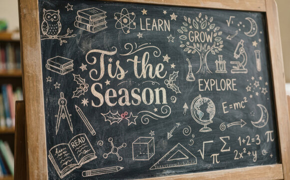 Chalkboard with school drawings and Tis the Season text for education and learning concepts in classroom