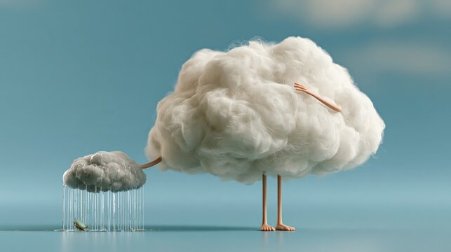 Diagonal perspective of small grey cloud, big white cloud, rain raining only on itself while a big white cloud comforts it with an arm. funny sky photography.