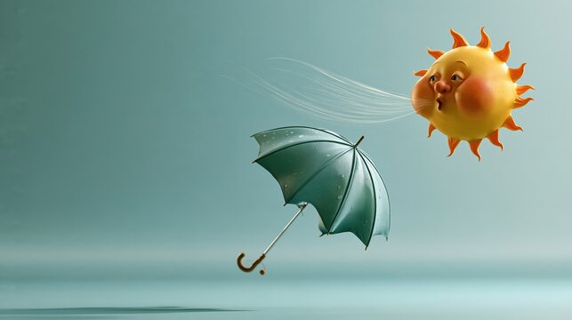 Wide scene overview of sun with face, umbrella, wind blowing wind with puffed cheeks while a small umbrella flips inside out. humorous weather scene.