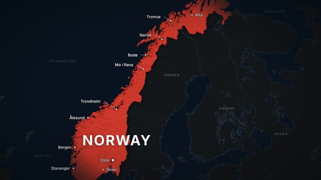 Norway dark map zoom with red highlight and city labels