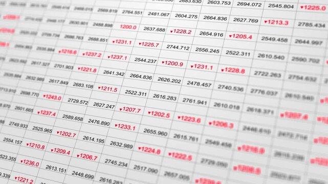 White financial table shows numeric values figures downward arrows. composition conveys negative movement for market reports, trade analysis, economic news, business presentations, investment risk.