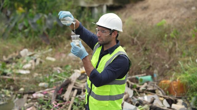 Environmental scientist examines collected water sample in plastic cup beside polluted river, checking liquid condition and possible contamination during field research. Water quality testing.