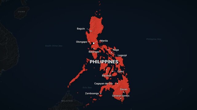 Philippines dark map zoom with red highlight and city labels
