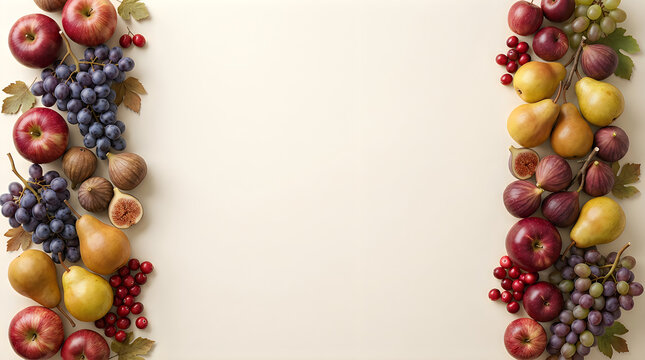 Fresh assorted fruits arranged as borders on a light beige background