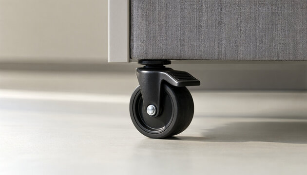 Lockable black caster beneath a gray fabric partition