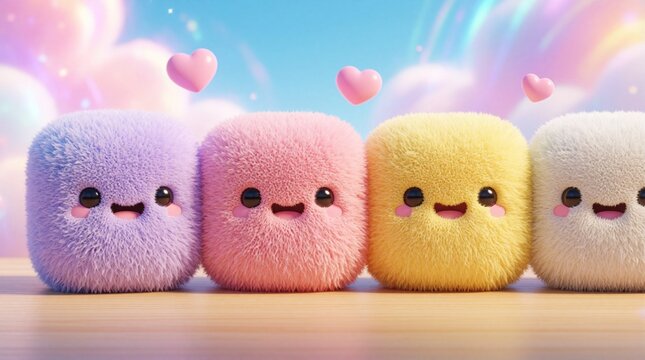 Four cute fluffy 3D cube characters sit in row. Colorful fuzzy square monsters with smiling faces, pink cheeks show love with floating hearts. Bright pastel background with soft clouds creates happy