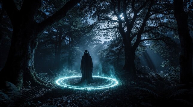 Mysterious hooded silhouette stands inside glowing blue magic circle in dark night forest. Eerie phantom entity with bright eyes appears in enchanted woods. Supernatural aura creates spooky