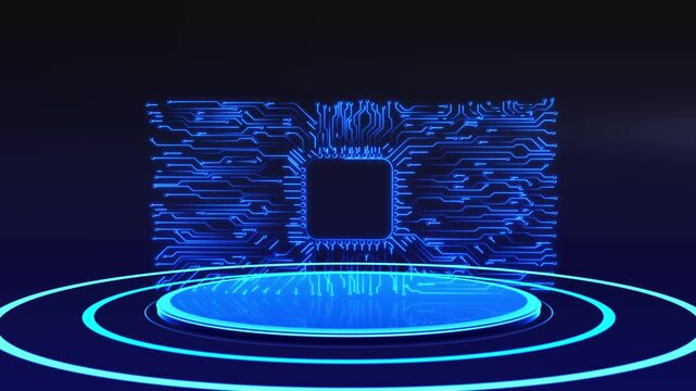 Neon paths extend central chip outline circular display pedestal. clean virtual supplies a focal place logo, product, headline in electronics promotions, computing explainers, technology event visuals