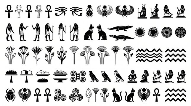 Ancient Egyptian symbol collection featuring hieroglyphs, deities, sacred animals, lotus motifs, solar emblems, decorative glyphs, monochrome archaeological illustrations.