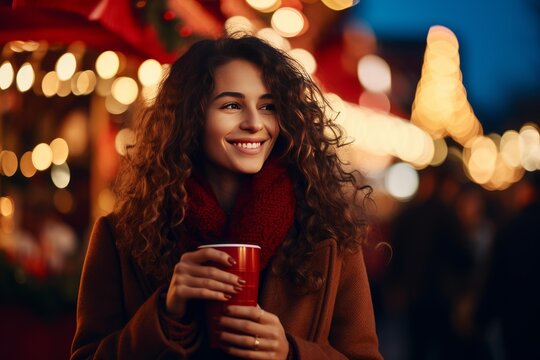 Young woman with curly hair wearing a cozy scarf and coat. Holding a red cup with a warm beverage. Smiling happily at a vibrant outdoor christmas market at night. Surrounded by shimmering bokeh lights