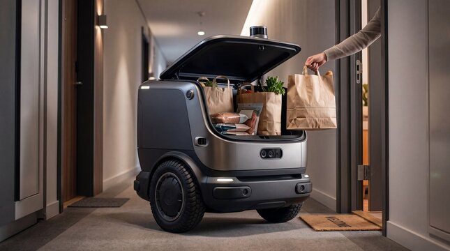 Autonomous delivery robot with open cargo compartment in corridor