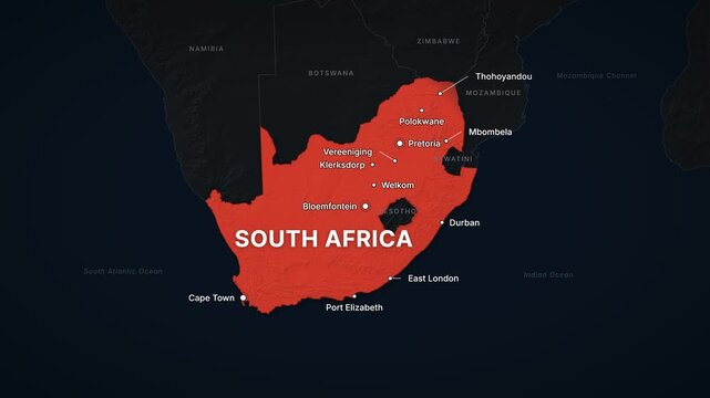 South Africa dark map zoom with red highlight and city labels
