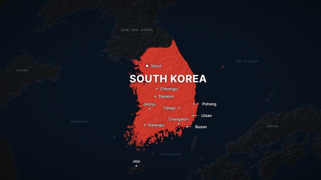 South Korea dark map zoom with red highlight and city labels
