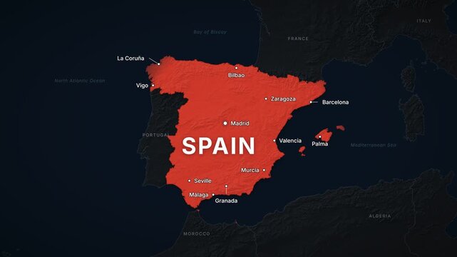 Spain dark map zoom with red highlight and city labels