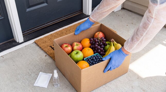 Contactless food delivery of fresh fruit box at house doorstep