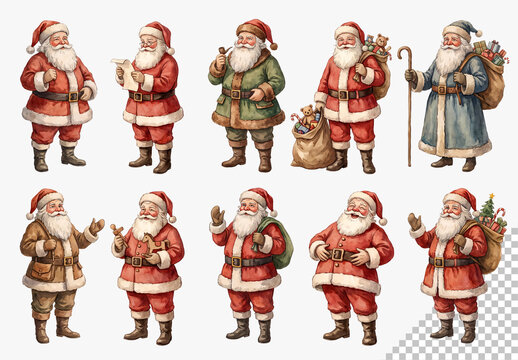 12 Isolated Santa Claus Cutout Collection - Watercolor Painting Style