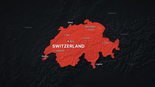 Switzerland dark map zoom with red highlight and city labels