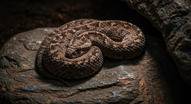 Coiled Rattlesnake on Rock: Intricate Scales and Dark Shadows