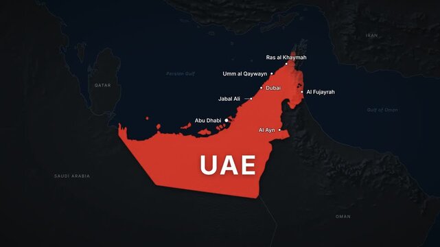 United Arab Emirates dark map zoom with red highlight and city labels