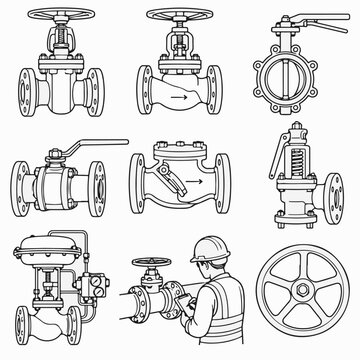 A collection of industrial valves and a worker checking pipeline connections, presented in a detailed line drawing style, showcasing mechanical components and engineering.