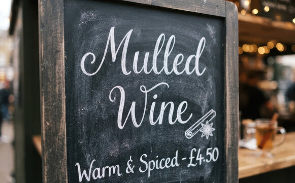 Blackboard chalk sign advertising mulled wine at a Christmas market stall during winter holidays for festive drinks and warm beverages