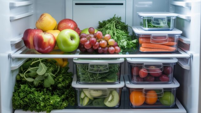 Fresh fruits and vegetables organized in plastic containers inside a home refrigerator