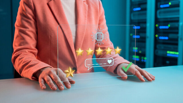 AI five star rating and client feedback concept, businesswoman with AI chip hologram, gold star rating, heart comment bubble and checkmark for consumer satisfaction and service quality