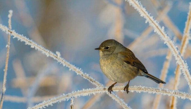 Dunnock Perched on Frosty Branch in Cold Winter Landscape
