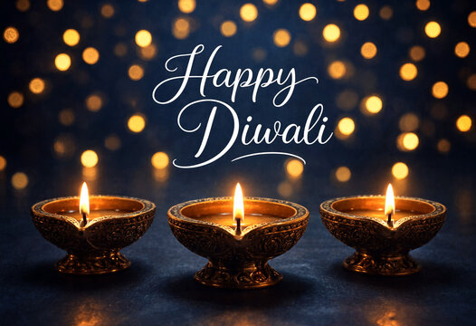 Three lit diyas celebrating happy Diwali festival with warm background lights