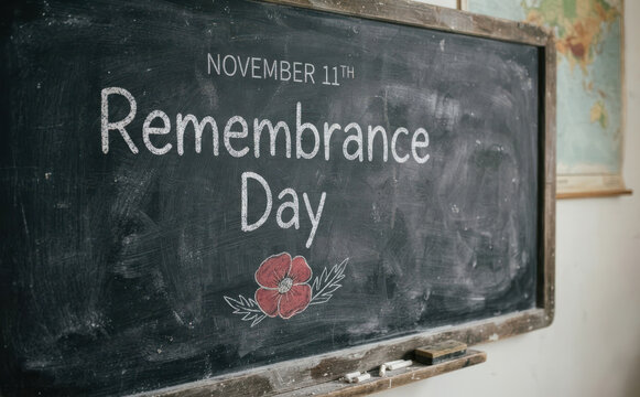 Remembrance Day Chalkboard with November 11th Text and Red Poppy Flower Illustration for Veterans Day Educational Concepts and Historical Memorial Backgrounds
