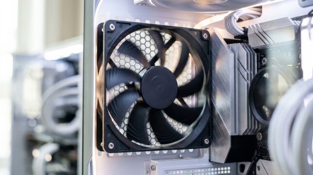 A close up view of a computer server cooling fan mounted inside a modern white desktop pc case with metallic heatsinks visible next to the rotating black blades