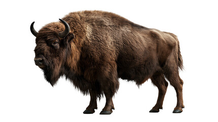 Large brown American bison standing in profile with thick shaggy fur and horns © Clementine