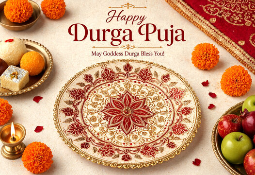 Traditional Durga Puja Celebration with Decorative Plate and Offerings