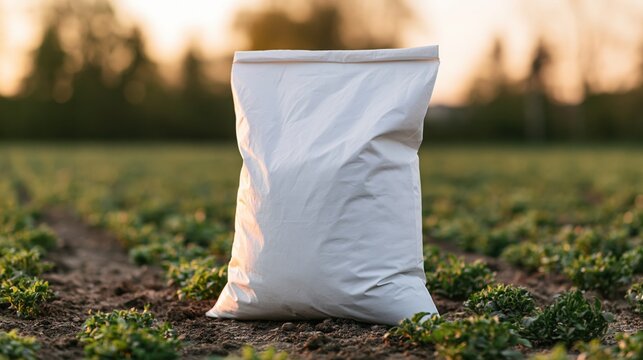 The white bag in a sunlit field of crops at dawn