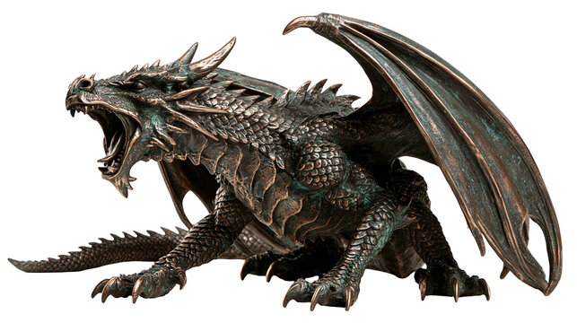 Bronze patina dragon statue with wings spread and open mouth