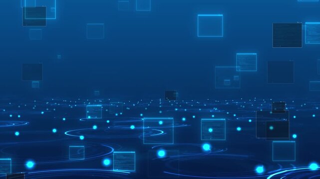 Translucent rectangular panels hover blue field dots circular traces. virtual scene remote connections, digital platforms, network infrastructure while leaving open space titles presentation graphics.